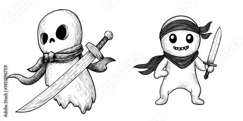 A ghost pirate wearing a bandana featuring a skull and wielding a sword is depicted as an isolated evil spirit, embodying a modern Halloween phantom shrouded in an airy blanket
