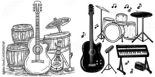 A flat modern set of musical instruments features an orchestra drum, piano synthesizer, and acoustic guitars for a jazz band