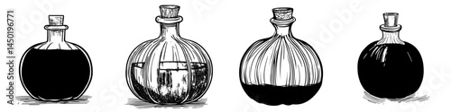 A pumpkin-shaped vial containing witch potion is isolated on a Halloween-themed bottle, symbolizing modern magic in a gourd or squash bottle