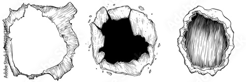 A paper sheet that has been damaged by fire features an isolated burnt hole, along with a burnt hole in a sheet of paper that is isolated with a damaged surface caused by fire, resembling a modern