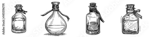 A green potion is contained within a flask and an isolated Halloween jar, representing a modern poison mixture and a creepy Halloween drink
