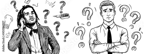 A cartoon illustration of a couple deep in thought, with a man and woman contemplating a confused and troubled question, as people search for answers in a modern setting