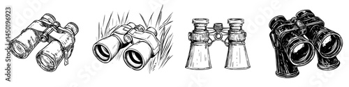 Modern military binoculars are isolated, representing an optical device with lenses and zoom for hunting and sport equipment