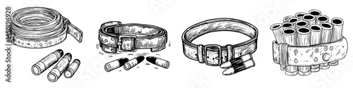 Modern hunting equipment icon, featuring a belt with isolated bullets, represents military ammunition and shooting tools