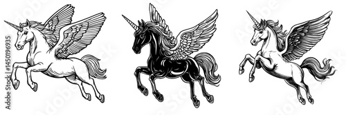 A horse with wings, known as a pegasus, is a modern mythical creature and is often depicted as a stallion in heraldic silhouettes and tattoos