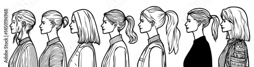 Illustration of diverse female profiles from the side, featuring cartoon characters with different nationalities and hairstyles such as ponytails, curly hair, and straight hair