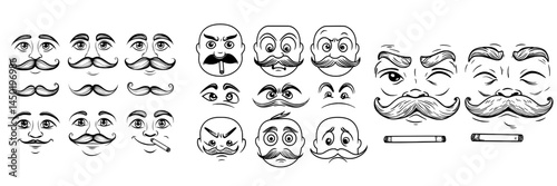 Wallpaper Mural A set of face expressions featuring cheerful, angry, and tongue-out emotions is depicted in funny cartoon emoji form, including a character with a monocle, eyeglass, and mustache smoking a cigar Torontodigital.ca