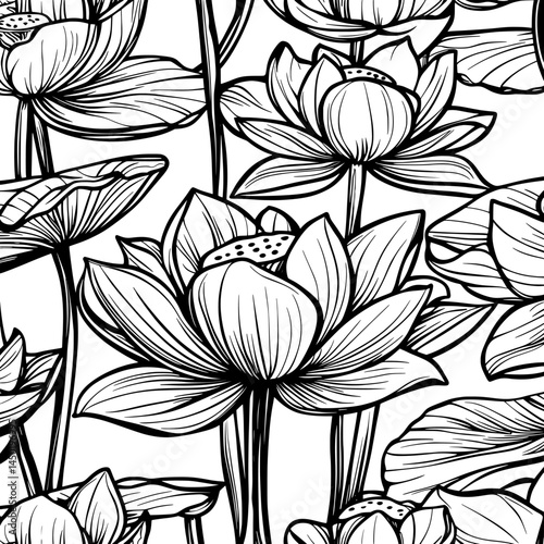 Create a seamless lotus pattern sketch, featuring a floral composition of water lily flowers and leaves, along with monochrome lotuses suitable for products and wallpaper with a modern texture