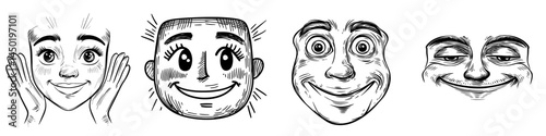 The 'Happy kind emoji isolated comic smile' represents a Modern smiling emoticon and a good mood symbol