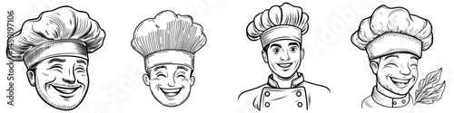 Portrait of a modern male chef wearing a toque hat, isolated on a background, a caucasian baker or waiter in outline