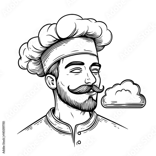 In isolation, a Georgian baker or a man cooking food is shown wearing a hat, accompanied by a modern chef cook's cartoon portrait