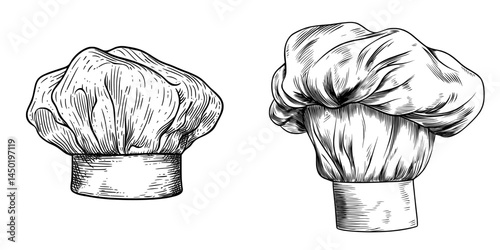 An isolated linear icon shows a chef hat, which is a modern traditional chef-cook cap with folds, used as baker headwear