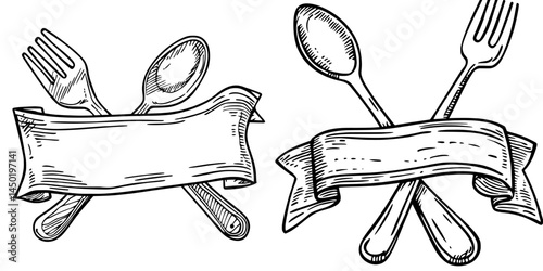 Isolated cutlery, including a fork and spoon with a spare place, is depicted in a banner representing a modern logo for a restaurant or dinnertime