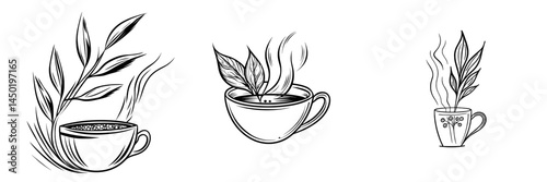 The isolated logo of herbal floral tea with green leaves is complemented by an image of a modern mug containing a hot, steaming drink made from organic herbs