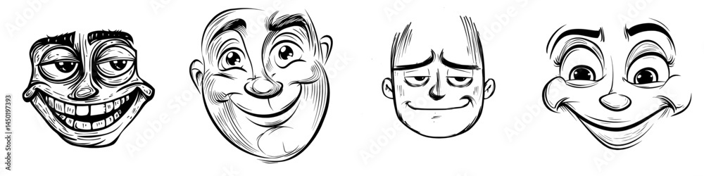 A cartoon face is depicted with a modern, crazy smile, wide open hypnotized eyes, and a trembling mouth, conveying a funny facial emoji or a stupid character's happy emotion, reminiscent of a comic, A cartoon face is depicted with a modern, crazy smile, wide open hypnotized eyes, and a trembling mouth, conveying a funny facial emoji or a stupid character's happy emotion, reminiscent of a comic,