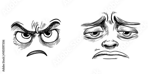 An isolated cartoon face with a perplexed expression, featuring oversized goggle eyes of varying sizes and an open, shaking mouth, is set against a white background to represent a character's