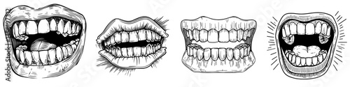 A modern icon of horror, the monster mouth features creepy zombie jaws with yellow teeth, saliva, and nasty lips, isolated on a white background for a disturbing Halloween creature effect