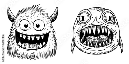 A roaring Halloween creature is illustrated as a modern monster face cartoon icon with an emotional expression, including many angry purple eyes and a round toothy mouth, and is shown with a creepy