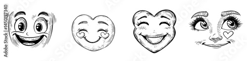 A cartoon face featuring red hearts for eyes and an open, smiling mouth, symbolizing modern love through an emoji, showcases a humorous facial expression and positive emotions as a cute character set