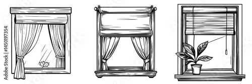 Modern interior frames feature window roller blinds, curtains, or shutter drapes in isolated settings, with window night drapes folding or utilizing roller blinds made of textile cloth on wooden