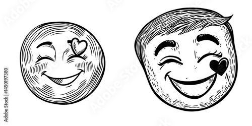 A cute loving character is depicted as a cartoon face with a dreamy expression, featuring red hearts over its head and a smiling mouth, which represents the modern love emoji and conveys a funny