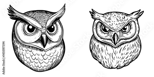A modern design for tattoos, mascots, or t-shirt prints, this features the angry face of an owl, namely the great horned owl, which is a bird of prey known for its black and white feathers, facial