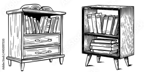 A cartoon library shelf serves as a modern bookcase icon, showcasing wooden storage, books, and colorful textbooks, with the entire scene set against a white background to symbolize a literature
