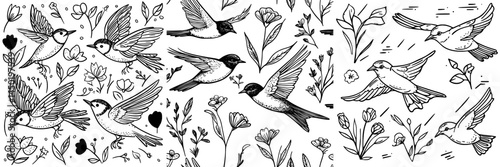 A modern cottage core wallpaper featuring a vintage seamless pattern with flying swallows, flowers, and plants, reminiscent of a rural meadow with birds and leaves