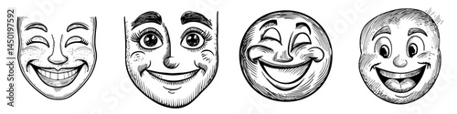 A cheerful cartoon face is depicted as a modern icon, characterized by a broad smile and a facial emoji, conveying a humorous emotion through its toothy grin and wide, round eyes set against a white