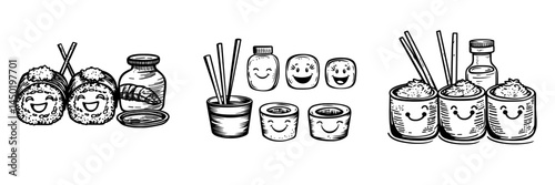 A seamless pattern featuring a cartoon kawaii sushi emoji character is shown, showcasing cute Japanese food including rice rolls with salmon, onigiri, and soy sauce, along with sashimi in a modern
