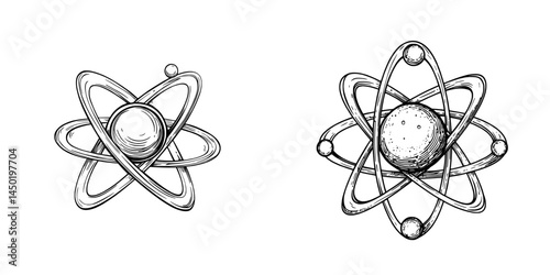 Chaotic isolated motion is depicted by symbols of atoms and molecules in logos for modern chemistry, biology, and pharmacy sciences