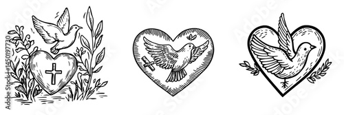 Christianity is represented by the modern icon of a crucifix and a dove, symbolizing peace, with a catholic cross and a pigeon bird isolated on a white background