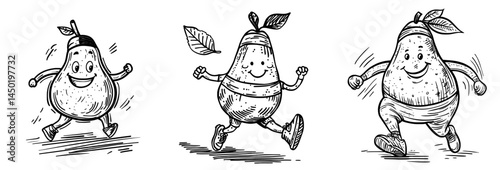 The image features a pear from a cartoon, portrayed as a modern sports icon, participating in comedic fitness routines and racing in a stadium, isolated on a white background, embodying the ideals of