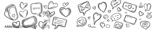 A set of modern designs includes 3D speech bubbles for chat messages and like buttons, balloon-style social network hearts ratings, and conversation notification frames