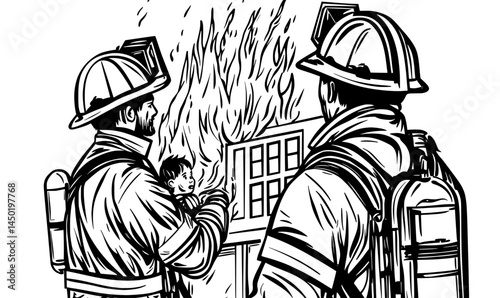 Firefighters in uniform, as part of the city's fire department team, are engaged in a rescue operation to save a child and others from a fire, using their emergency services training and modern