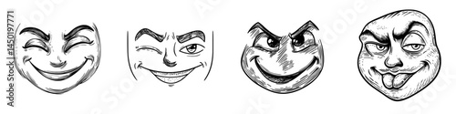 A cartoon face with a smiling expression and a winking eye, accompanied by a modern blinking emoji that has a toothy grin, represents a happy and cheerful character with a naughty personality
