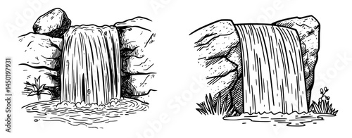 A cartoon waterfall cascades down from rocks, set against the backdrop of an isolated river with a serene water flow, creating a picturesque aqua cascade in a natural environment, ideal as a game
