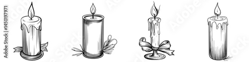 A burning candle with a flame serves as an isolated symbol of religion, paired with a modern monochrome candlestick candelabra holding the candle