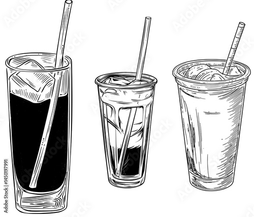 Isolated sketch of a cola or soda drink with a straw in a cup