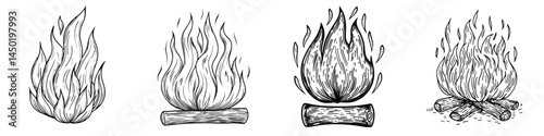 A modern icon of isolated fire, symbolized by a burning red flame and a blazing bonfire, features a shining campfire with long tongues of fire