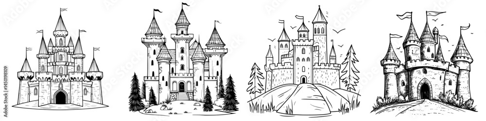 Obraz premium The royal fortress belonging to the prince and princess is depicted as a medieval castle in a cartoon landscape, isolated from the rest of the world, showcasing a modern medieval palace with towers,