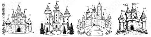 The royal fortress belonging to the prince and princess is depicted as a medieval castle in a cartoon landscape, isolated from the rest of the world, showcasing a modern medieval palace with towers,