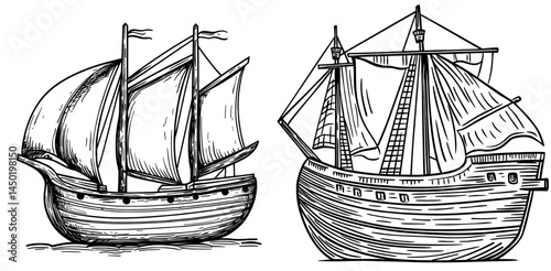 The image showcases a retro sailboat with canvas, standing alone as a sailboat, and contrasts it with a modern marine, nautical, or seafarer ship at sea, as well as a frigate brigantine sailboat that