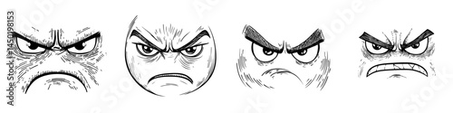 The modern emoji of a cartoon villain features angry eyes and sharp teeth, conveying a negative facial expression of a malefactor comic character with furrowed brows and a toothy mouth, depicted as