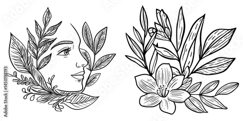 The growth of a plant branch with leaves, a sprout, into a modern flower or tree seedling, represented as an organic floral object and design element on a white background