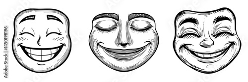 A cartoon face with a satisfied expression, a modern and delighted smile, and a happy facial emoji, depicting a funny character, represents happiness as a human emotion with an isolated comic face