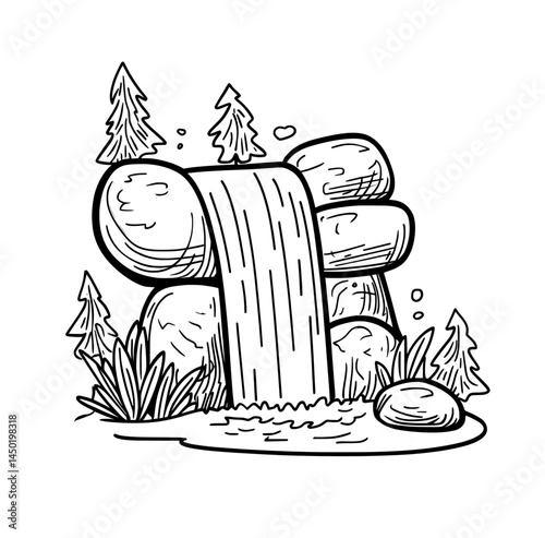 A cartoon depiction of a waterfall and cascading water, set against a modern hill with a flowing design that blends into the natural surroundings of a park or decorative environment, complete with