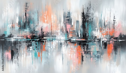 Abstract cityscape panorama,  horizontal view of urban landscape.  Soft colors, various shades,  texture of  painted strokes, reflecting buildings on water