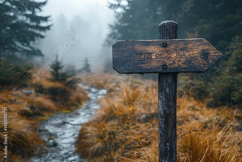 Wooden directional signpost on a mountain trail, scenic hiking path with forest and distant peaks