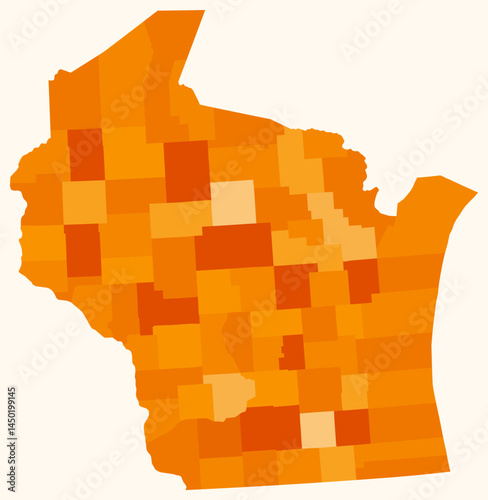 Map of Wisconsin with counties. Just a simple state border map with county division. Orange color palette. Blank State of Wisconsin shape with administrative division. Vector illustration.